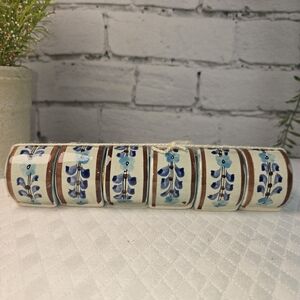VINTAGE TONALA POTTERY NAPKIN RING SET OF 6 FOLK ART BLUE BROWN CREAM CAT 741